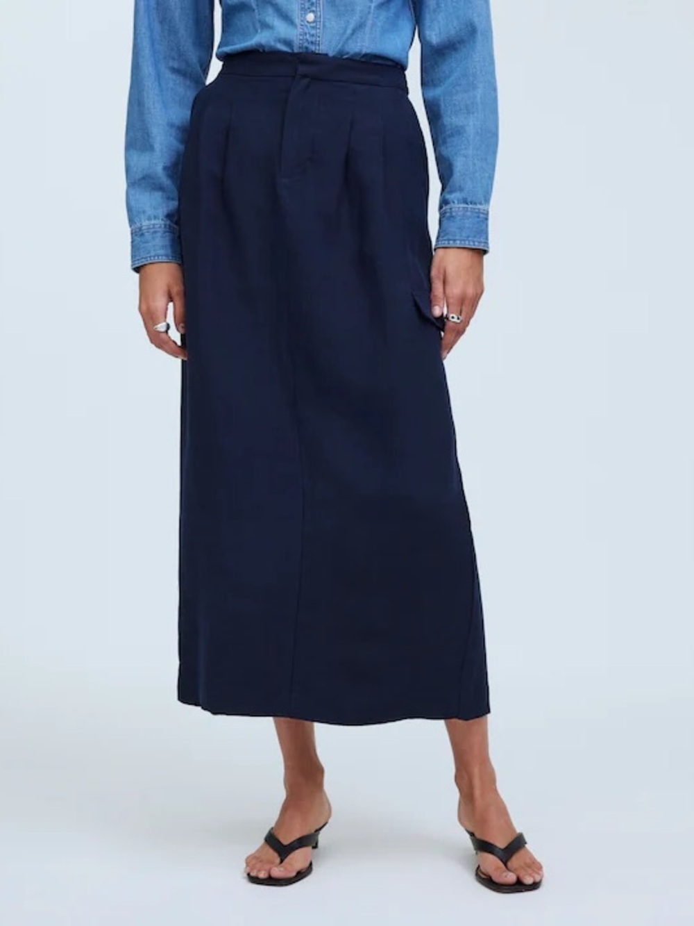 Madewell Navy Blue Linen Blend Pleated High-Waist Cargo Midi Skirt Size 2